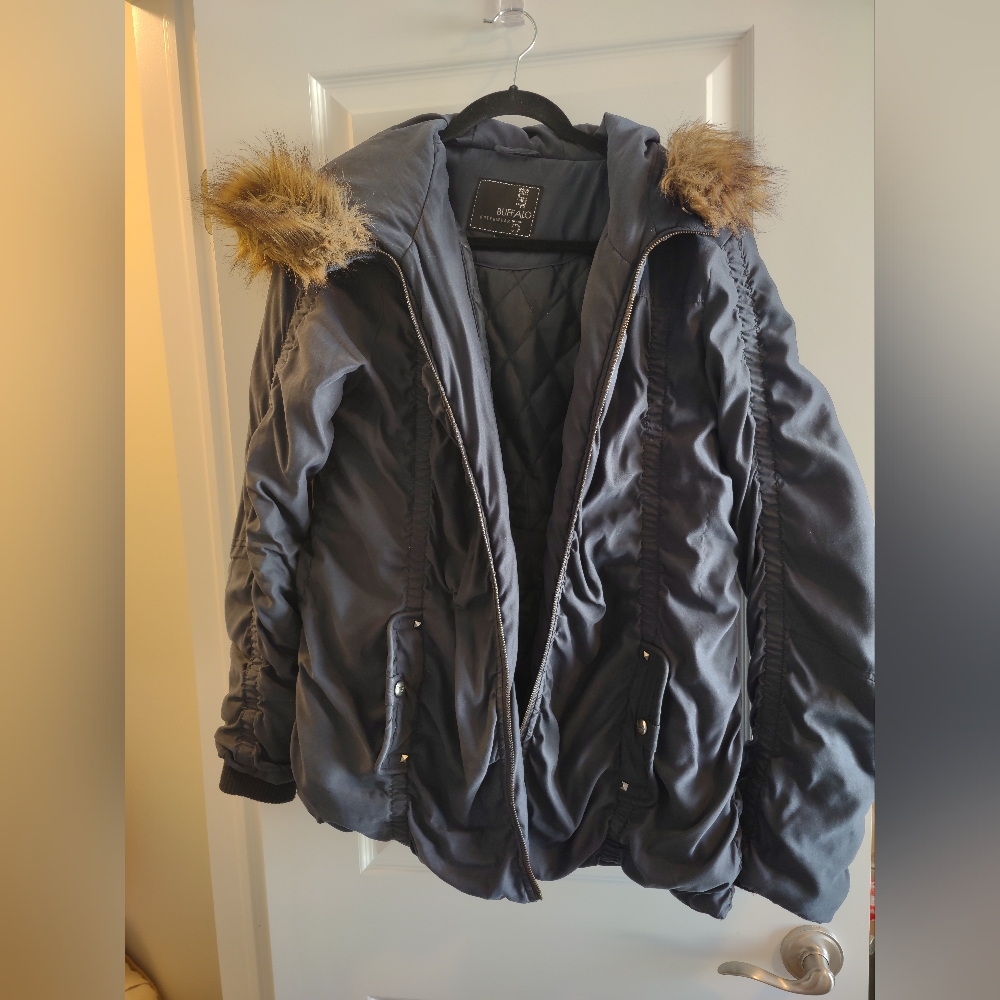 Buffalo navy blue bomber puffer jacket with fur hood